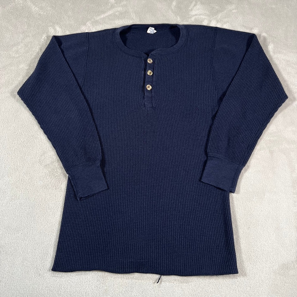 Vintage JE Morgan Henley Shirt Men's L Navy Blue Waffle Knit Thermal Made in USA